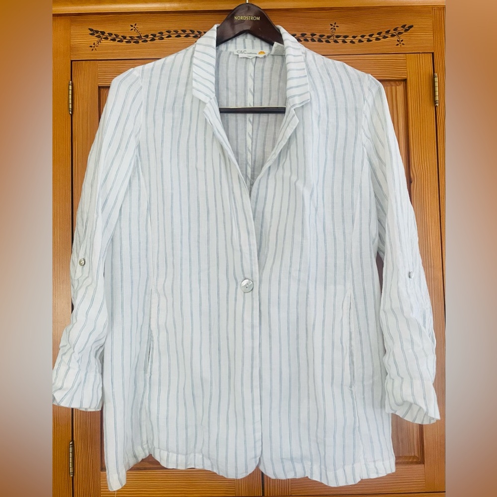 Women’s 100% Linen casual beach vacation blazer capiz shell buttons tropical L